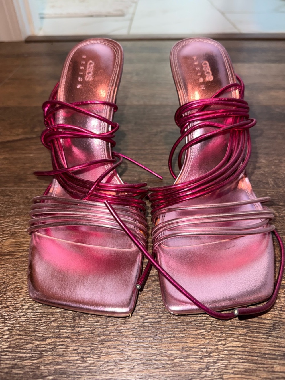 ASOS Metallic Pink Strappy Square-Toe Sandals